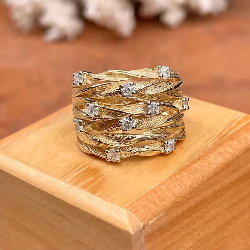 Gold-Tone Braided Multi-Band Ring with Sparkling Accents - Picture 7 of 11